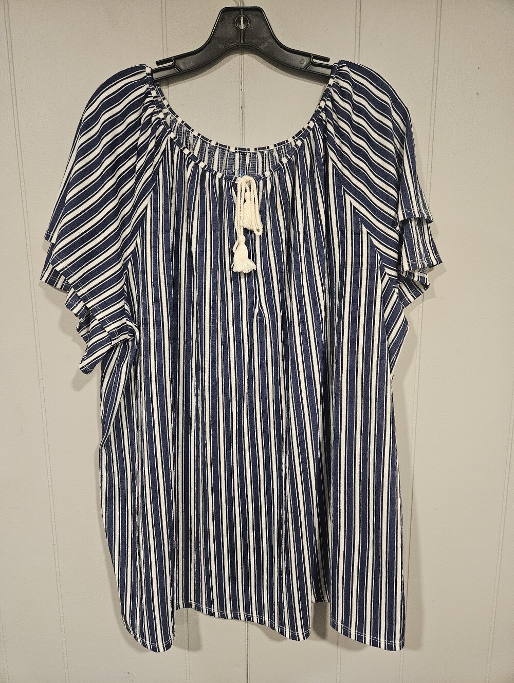 Croft & Barrow Womens Size 2X Striped Peasant Top Blue White Tie Neck Boho